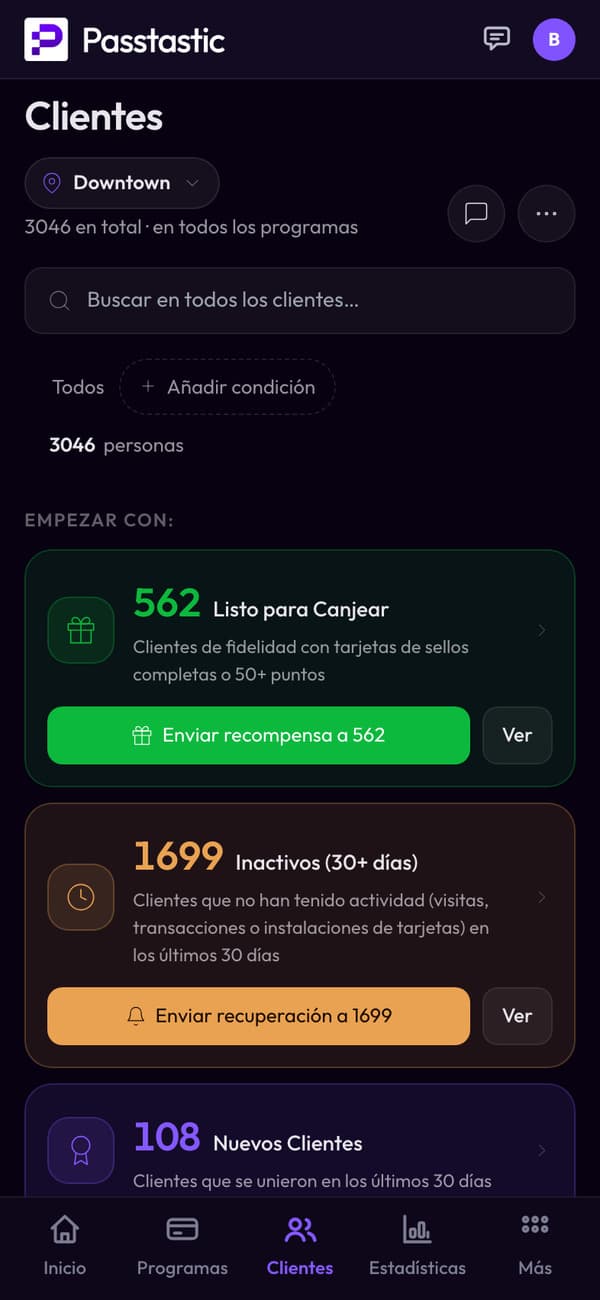 La misma pantalla de Clientes en el móvil