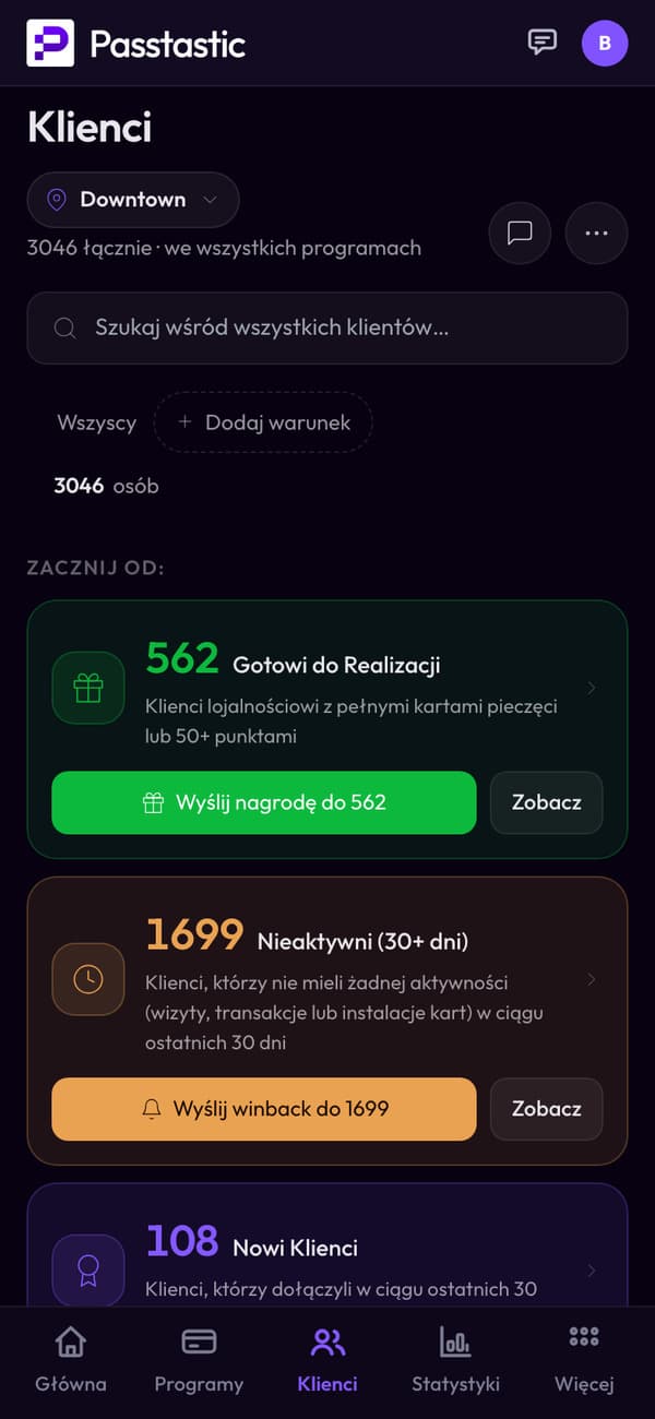 Ten sam ekran Klienci na telefonie