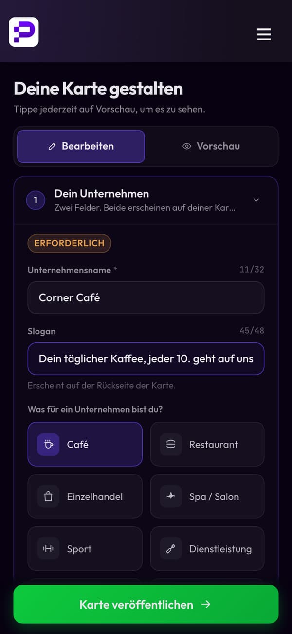 Die Stempelkarte des Corner Café einrichten: Name, Slogan und Art des Geschäfts, mit Live-Vorschau