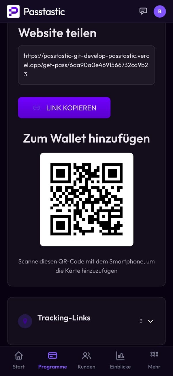 Der Tab „Teilen“ der Stempelkarte des Corner Café mit ihrem QR-Code