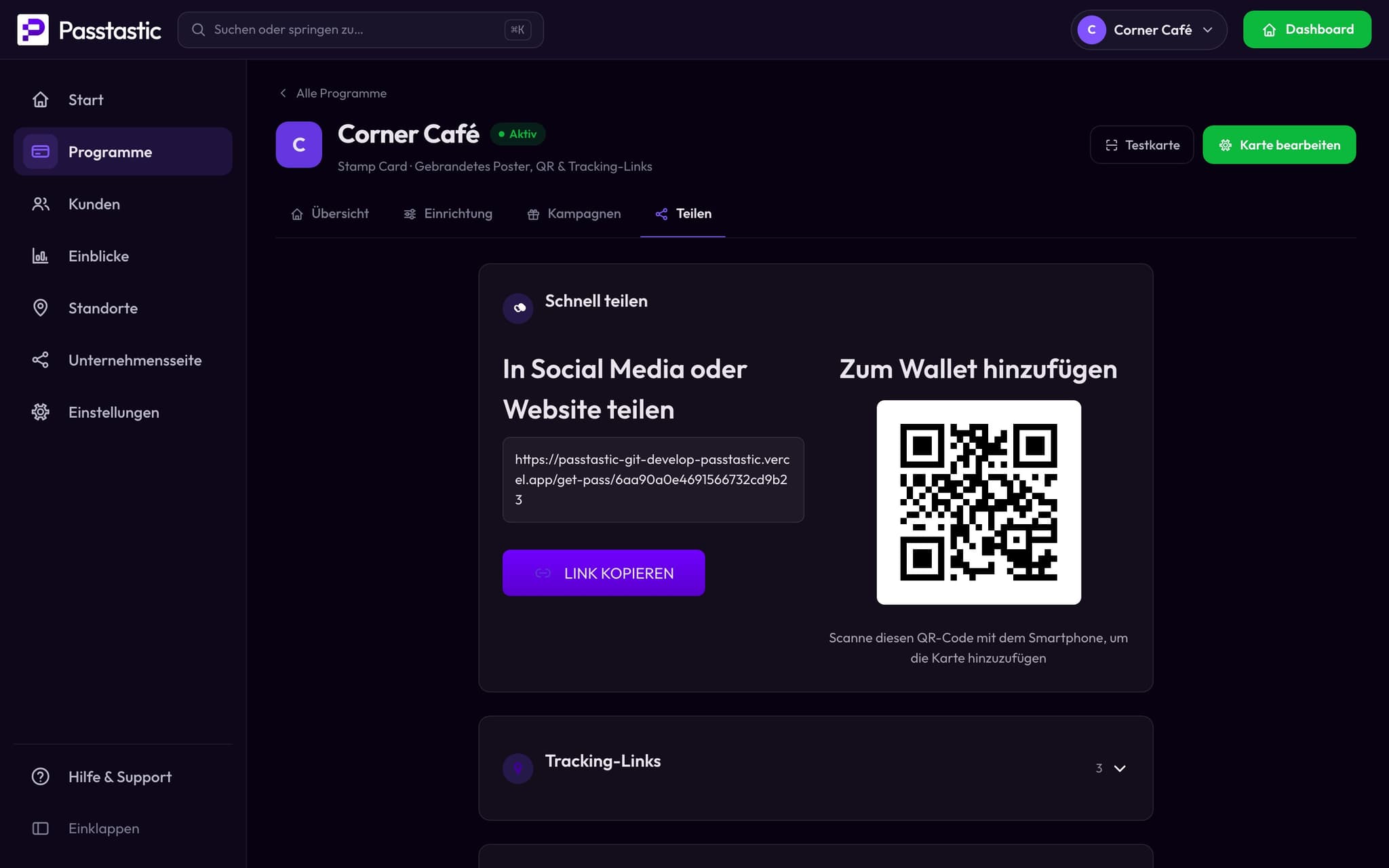 Der Tab „Teilen“ der Stempelkarte des Corner Café mit ihrem QR-Code