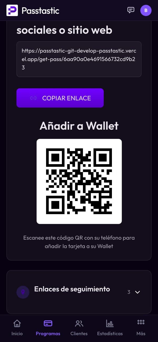 La pestaña Compartir: el código QR de Corner Café para añadir la tarjeta