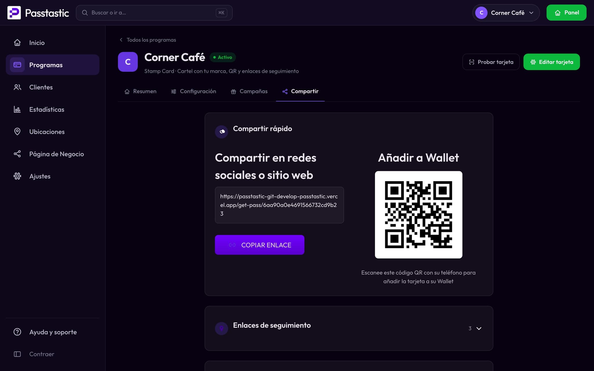 La pestaña Compartir: el código QR de Corner Café para añadir la tarjeta
