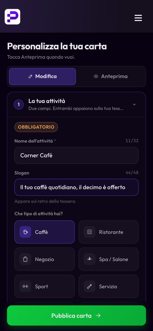 La carta a timbri di Corner Café in configurazione: nome, slogan e tipo di attività, con anteprima in tempo reale
