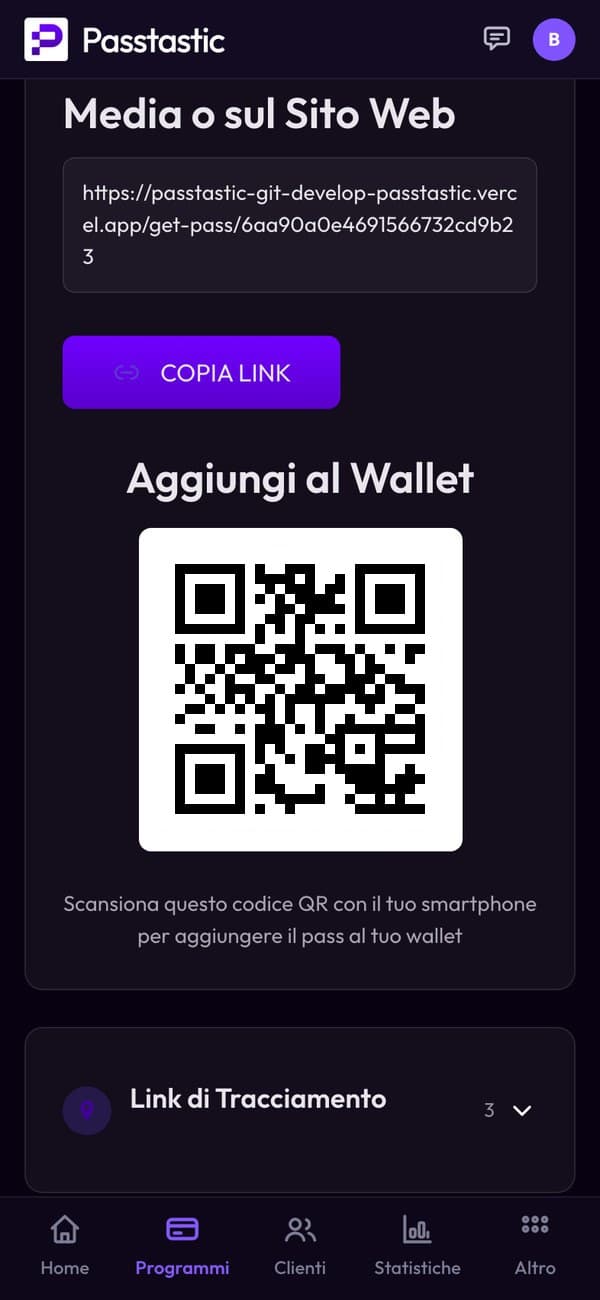 La scheda Condividi della carta a timbri di Corner Café con il suo codice QR