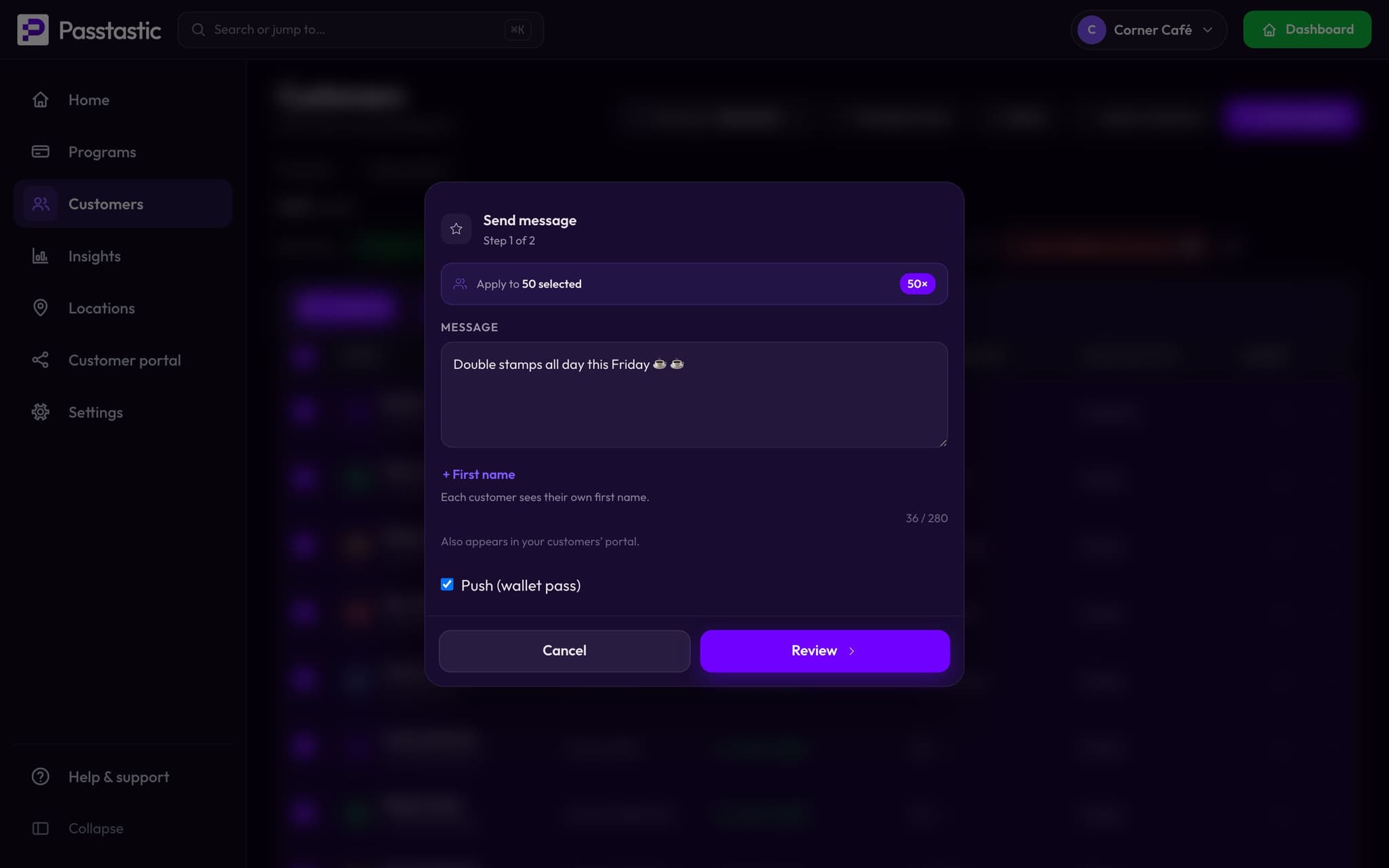 Writing a message in the dashboard