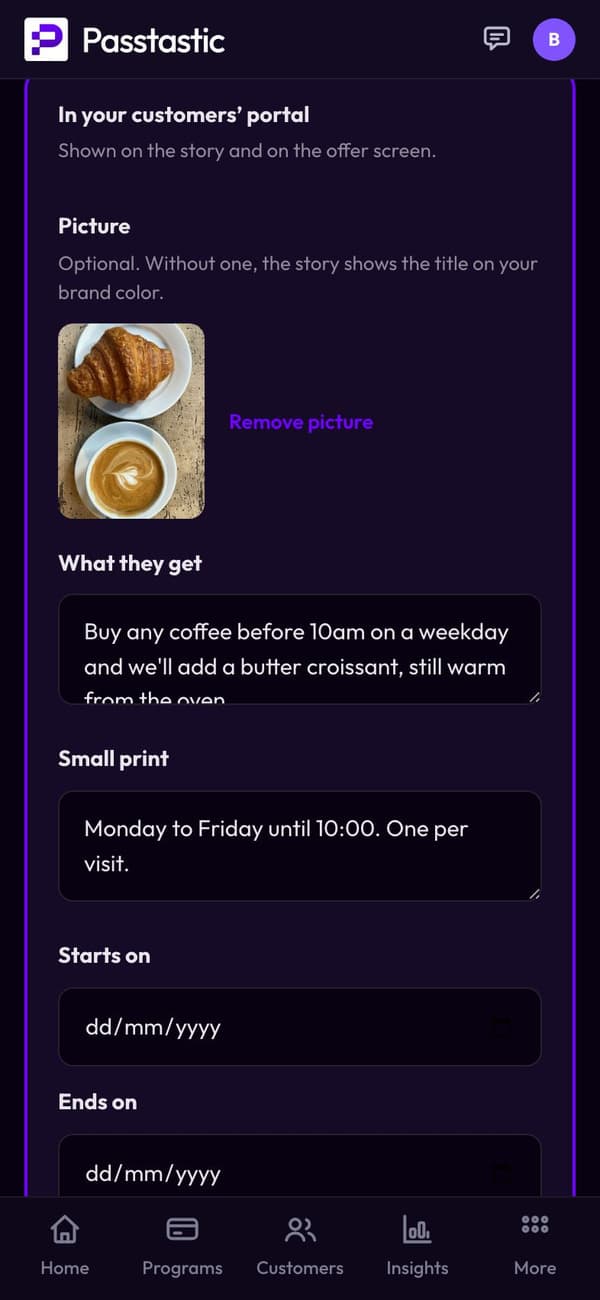 Building an offer in the dashboard: In your customers’ portal, a picture and a line about it