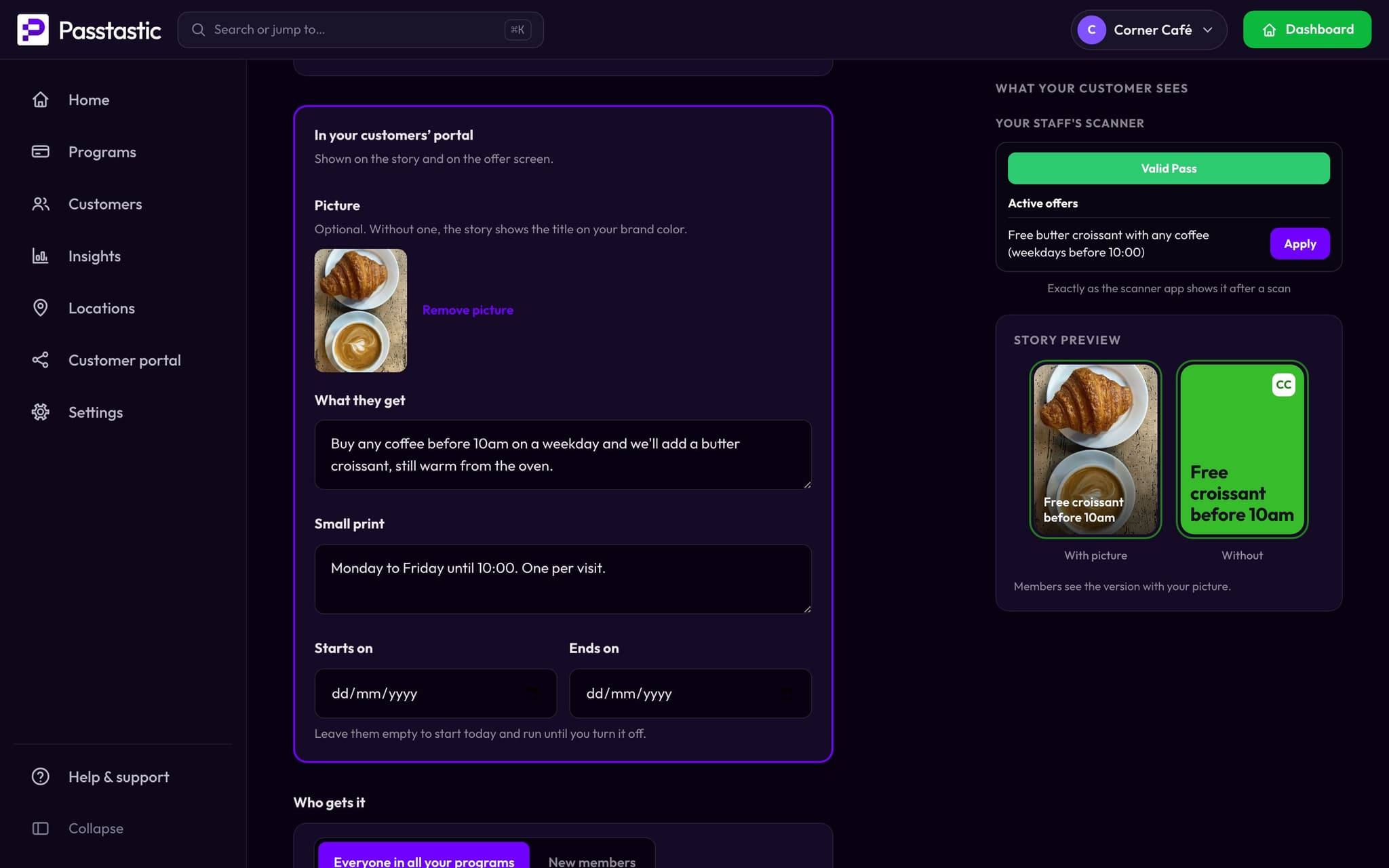 Building an offer in the dashboard: In your customers’ portal, a picture and a line about it