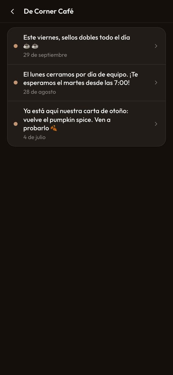 Mensajes de Corner Café en la app