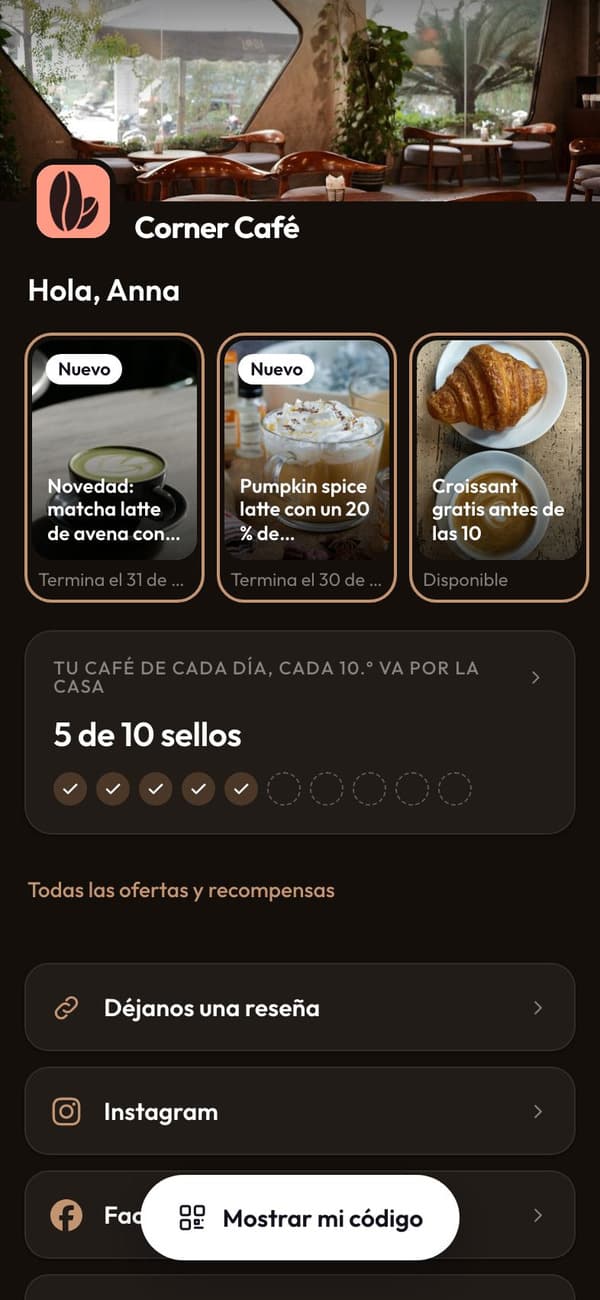 La app de fidelidad de Corner Café: Hola, Anna, ofertas de hoy y sus sellos
