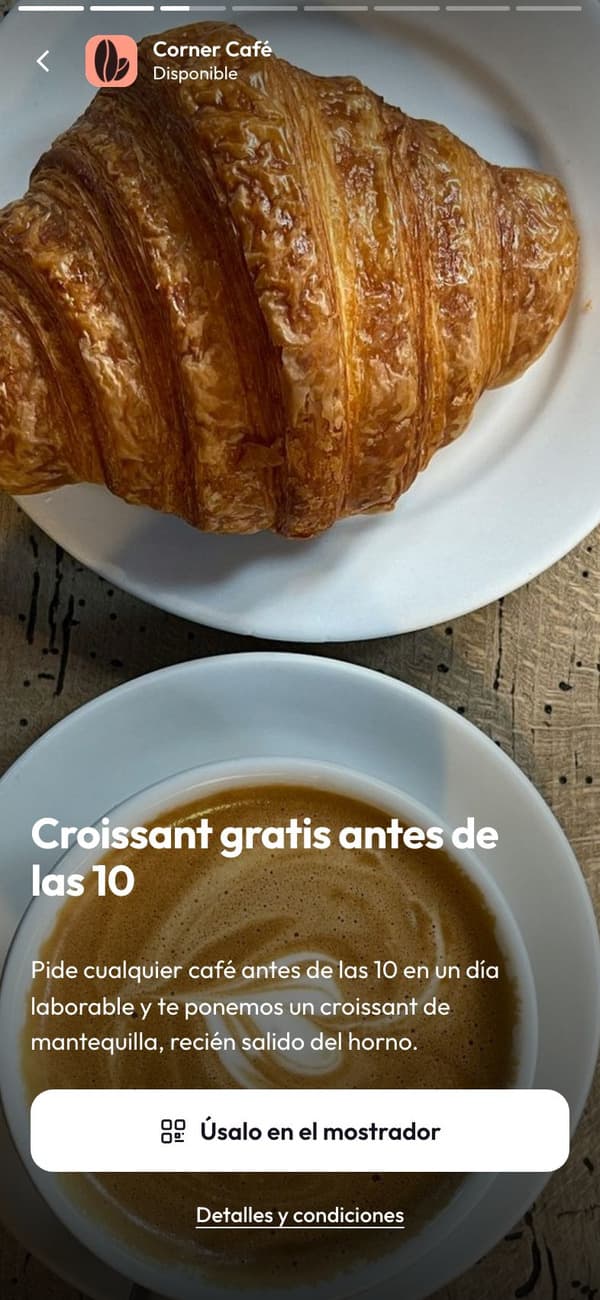 Una oferta abierta en la app, con “Úsalo en el mostrador”