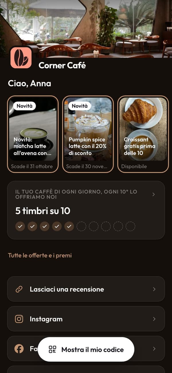 L’app fedeltà di Corner Café: Ciao, Anna, le offerte di oggi e i suoi timbri