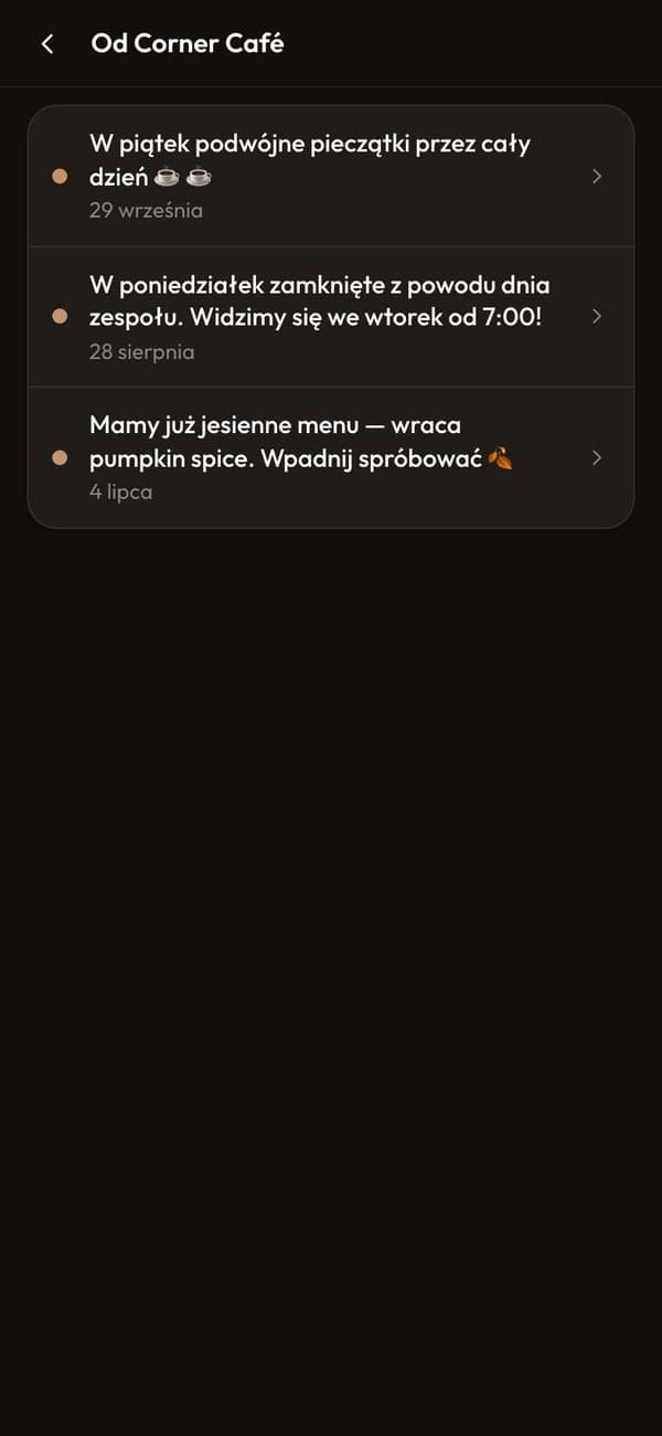 Wiadomości od Corner Café w aplikacji