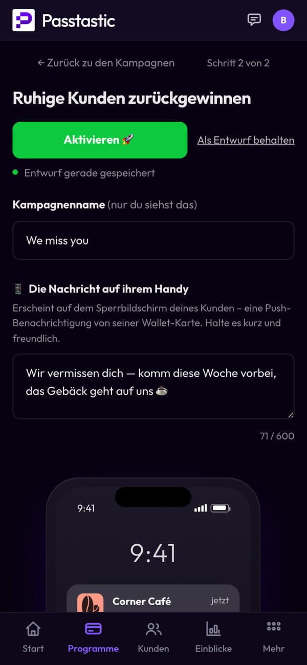 Die Kampagne „Wir vermissen dich“ wird geschrieben, mit Live-Vorschau des Sperrbildschirms des Kunden