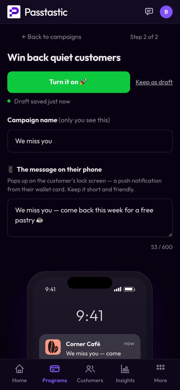 Writing the We miss you campaign, with a live preview of the customer's lock screen
