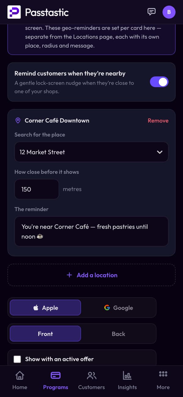 The card's nearby reminder for Corner Café Downtown: 150 metres, with its message