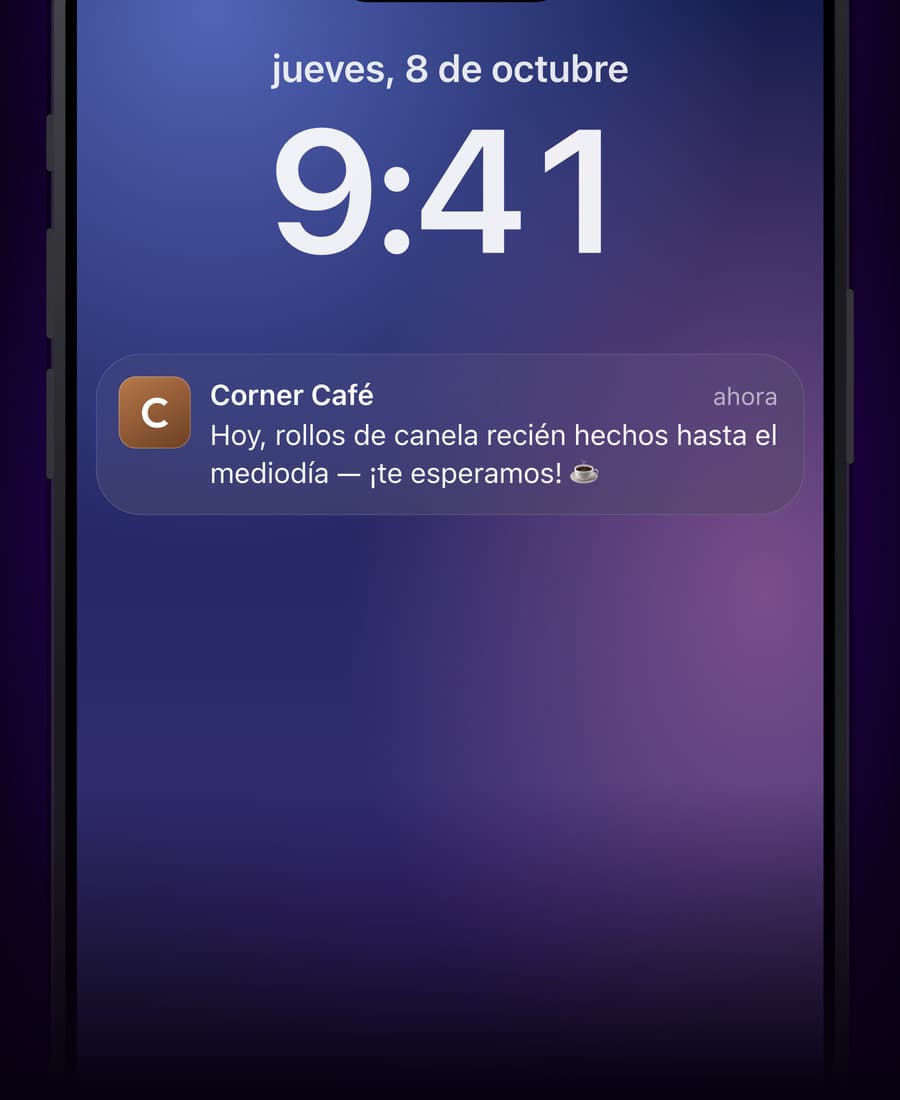 Una pantalla de bloqueo con un mensaje de Corner Café sobre rollos de canela recién hechos