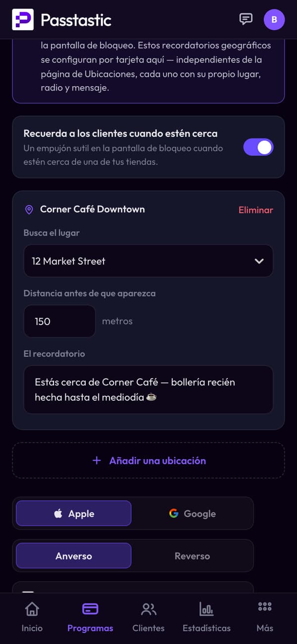El recordatorio de cercanía de la tarjeta para Corner Café Downtown: 150 metros, con su mensaje