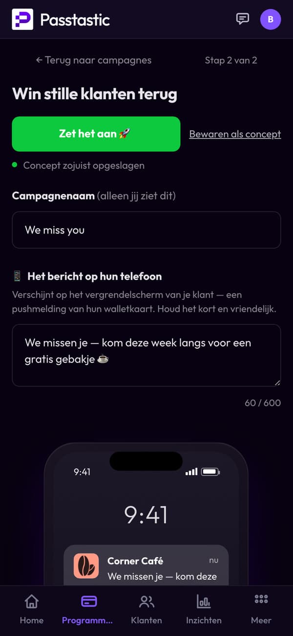 De campagne We missen je schrijven, met een live voorbeeld van het vergrendelscherm van de klant