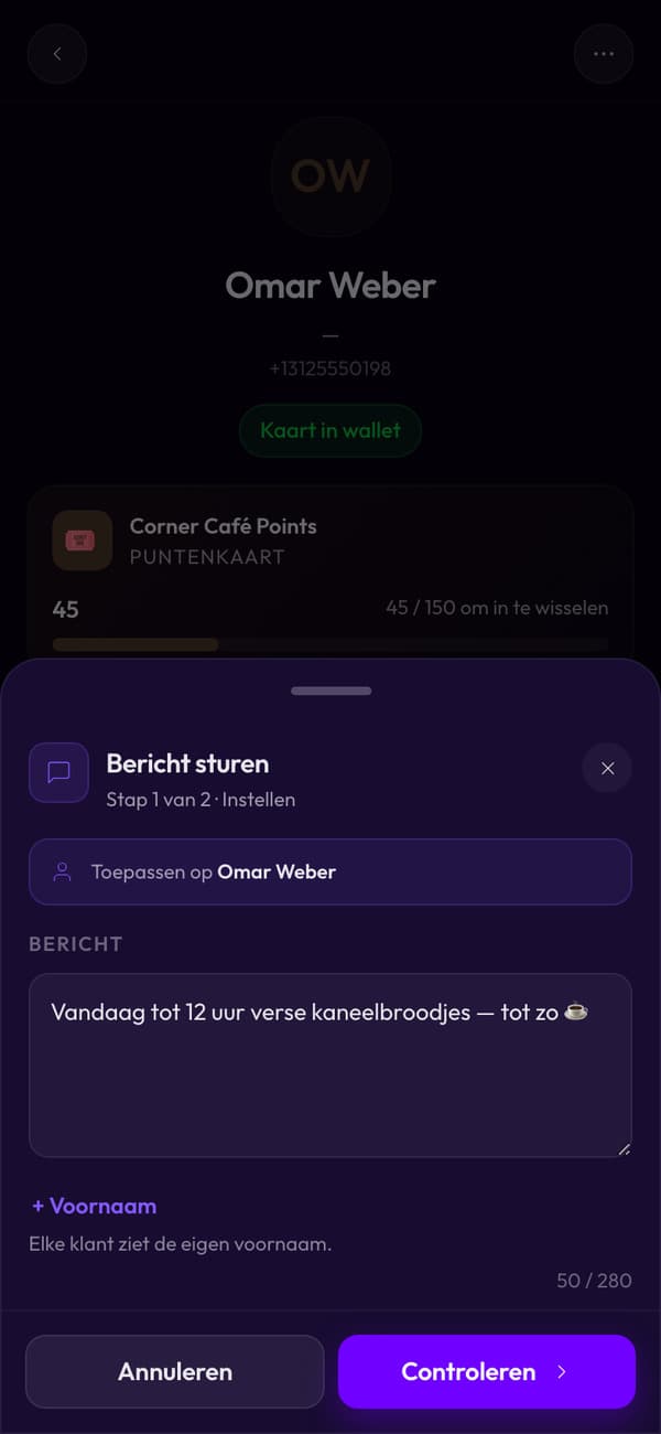Een bericht schrijven aan een klant van Corner Café: vandaag tot twaalf uur verse kaneelbroodjes