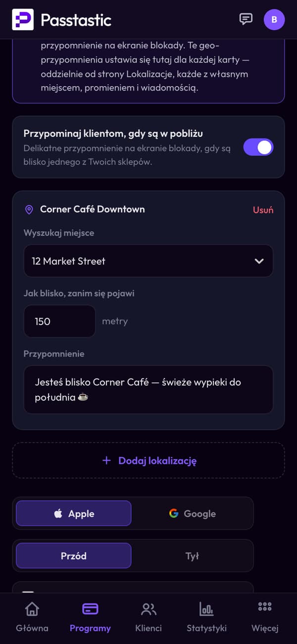 Przypomnienie w pobliżu dla karty Corner Café Downtown: 150 metrów, z wiadomością