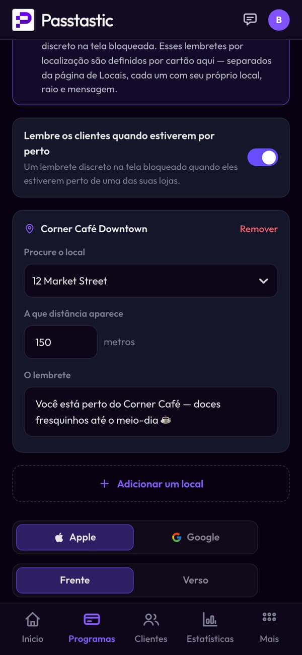 O lembrete por proximidade do cartão para o Corner Café Downtown: 150 metros, com a mensagem