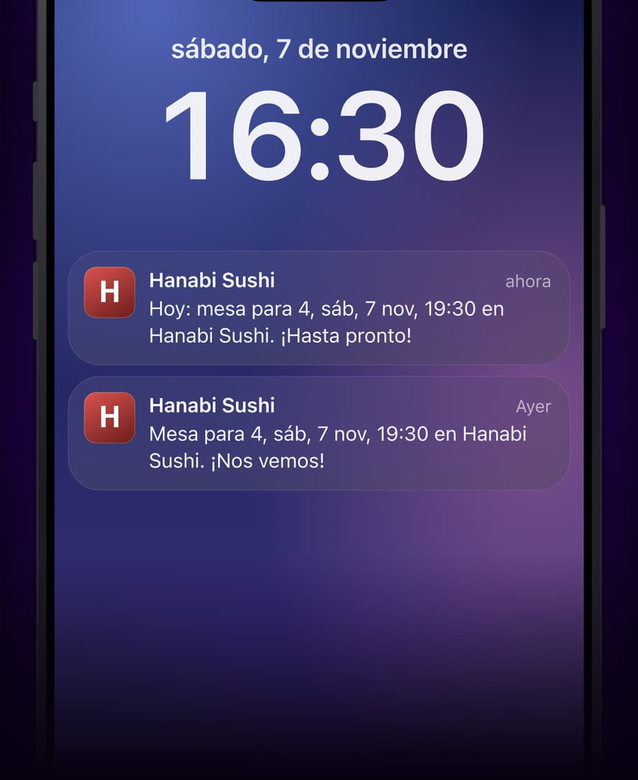 Una pantalla de bloqueo con el recordatorio de la wallet de Hanabi Sushi tres horas antes de la mesa