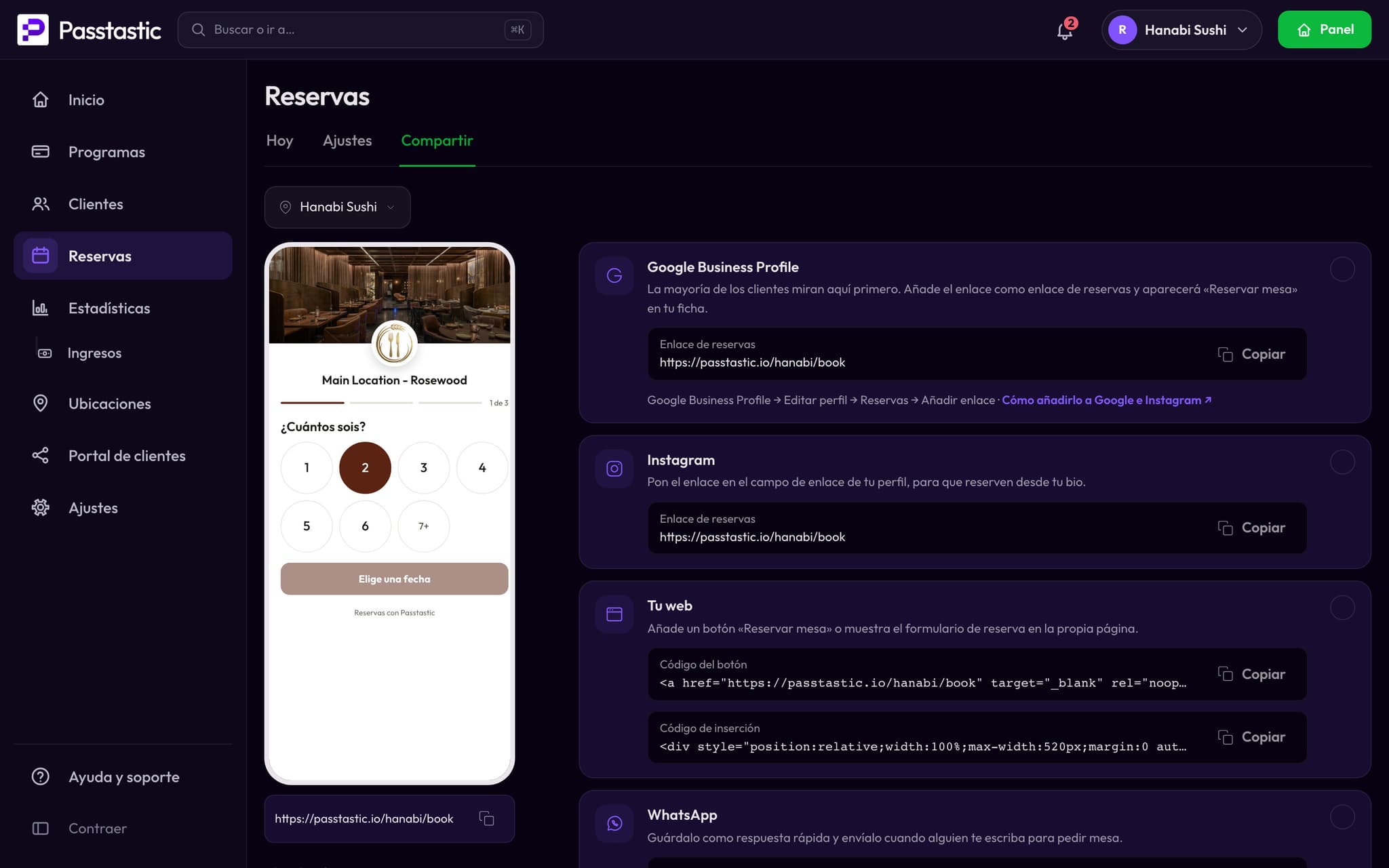 La pestaña Compartir con el enlace de reservas y un botón Copiar para Google e Instagram