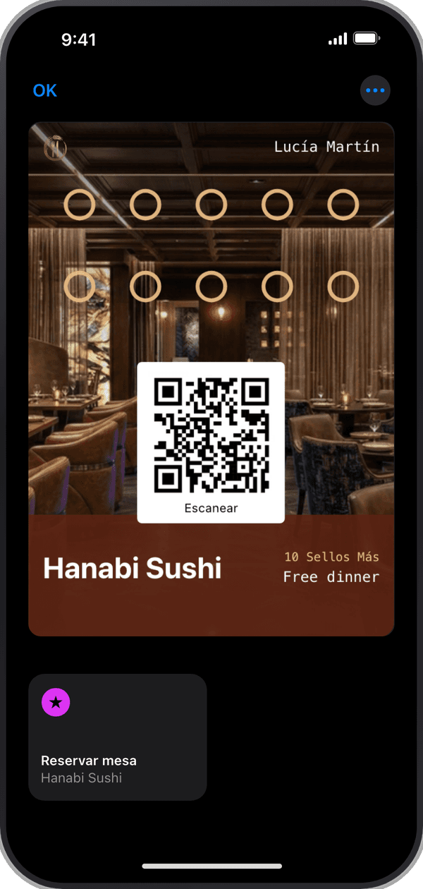 La tarjeta de Hanabi Sushi en Apple Wallet, con un botón Reservar mesa debajo