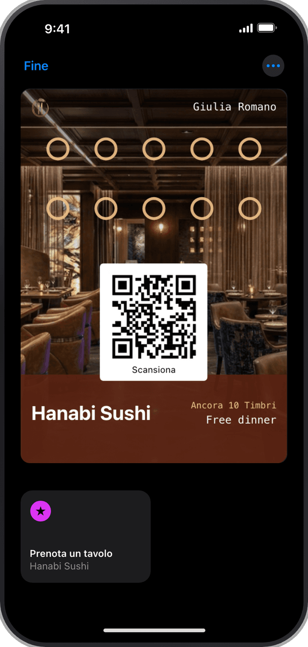 La carta di Hanabi Sushi in Apple Wallet, con un pulsante Prenota un tavolo sotto