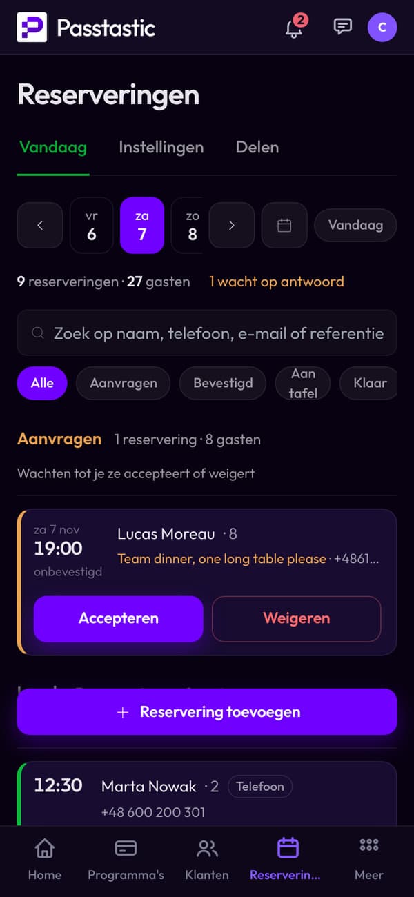 Het reserveringenscherm voor een zaterdag: een gezelschap van 8 wacht op acceptatie, daaronder Lunch en Diner met reserveringen en couverts geteld