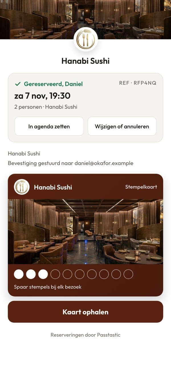 De reserveringsbevestiging voor zaterdag 7 november om 19:30, met de kaart van Hanabi Sushi en een knop Haal de kaart