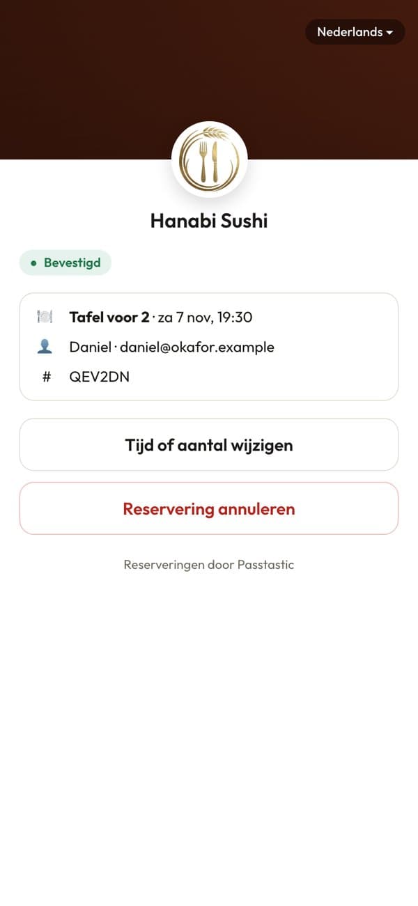 De reserveringspagina van de gast met Tijd wijzigen en Reservering annuleren