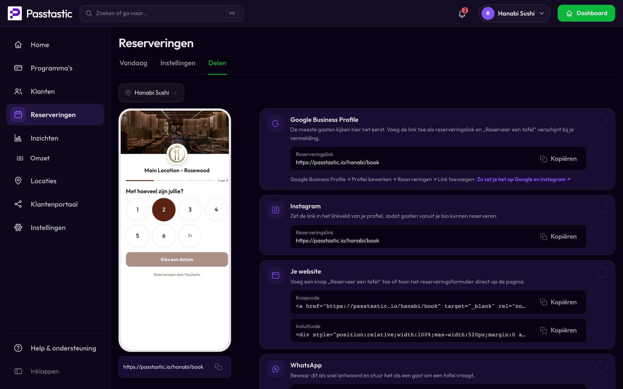Het tabblad Delen met de reserveringslink en een knop Kopiëren voor Google en Instagram