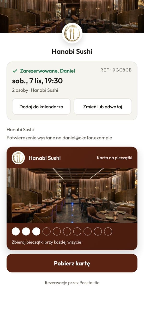 Potwierdzenie rezerwacji na sobotę 7 listopada, 19:30, z kartą Hanabi Sushi i przyciskiem Pobierz kartę