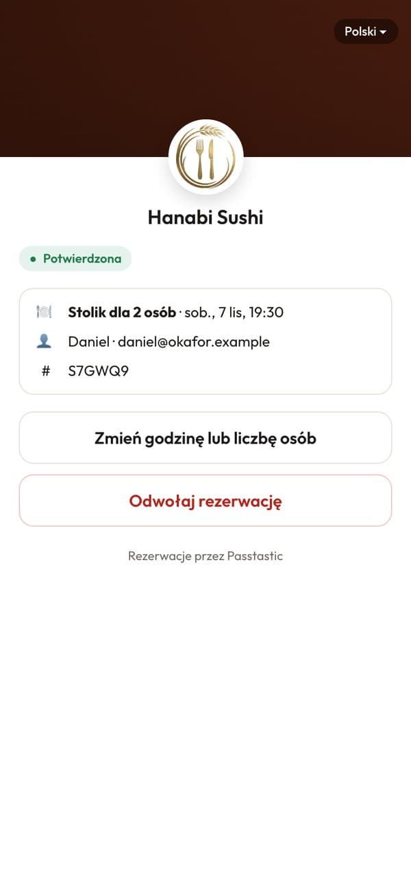 Strona rezerwacji gościa z opcjami Zmień godzinę i Anuluj rezerwację