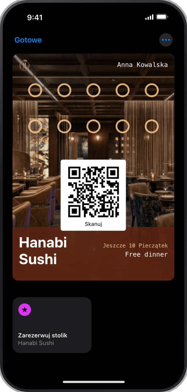 Karta Hanabi Sushi w Apple Wallet z przyciskiem Zarezerwuj stolik pod spodem