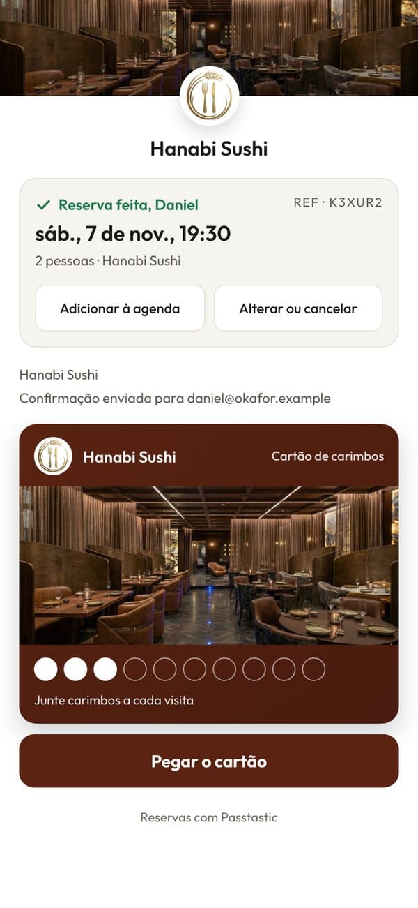 A confirmação da reserva para sábado, 7 de novembro, às 19:30, com o cartão do Hanabi Sushi e um botão Pegar o cartão