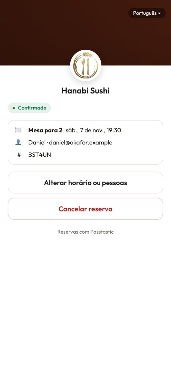 A página de reserva do cliente com Mudar horário e Cancelar reserva