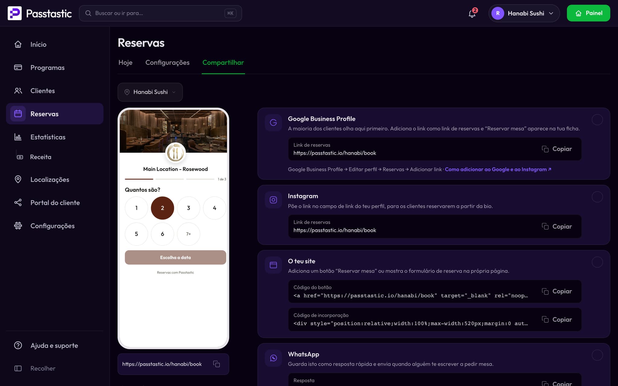A aba Compartilhar com o link de reservas e um botão Copiar para o Google e o Instagram