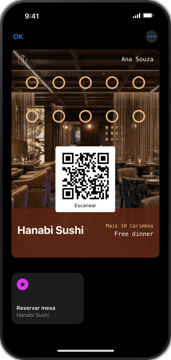 O cartão do Hanabi Sushi no Apple Wallet, com um botão Reservar mesa embaixo