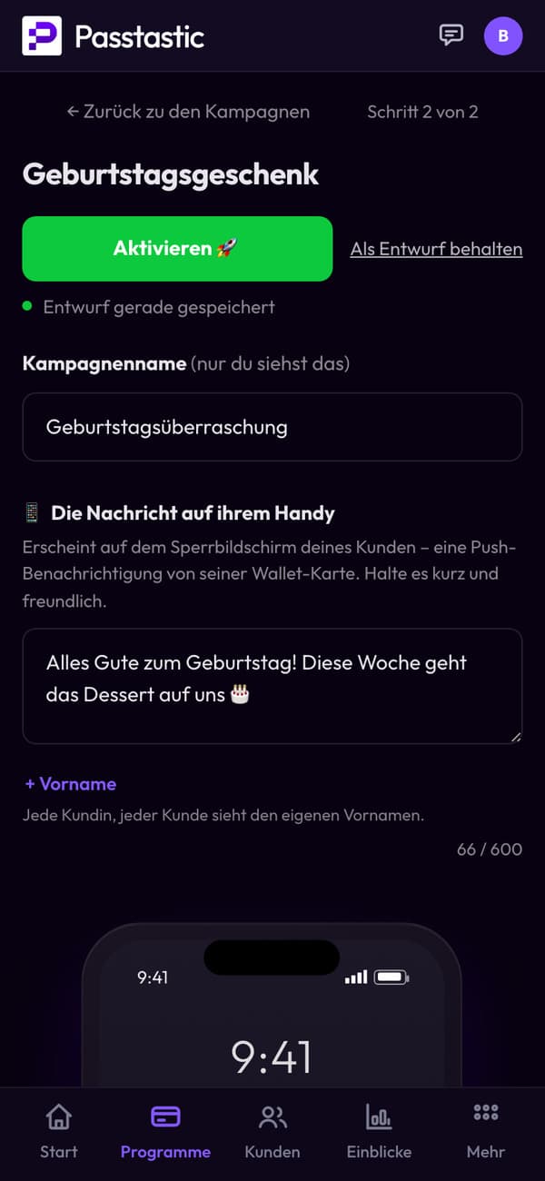 Die Geburtstagskampagne der Trattoria Verde: Name und Nachricht, die Gäste bekommen