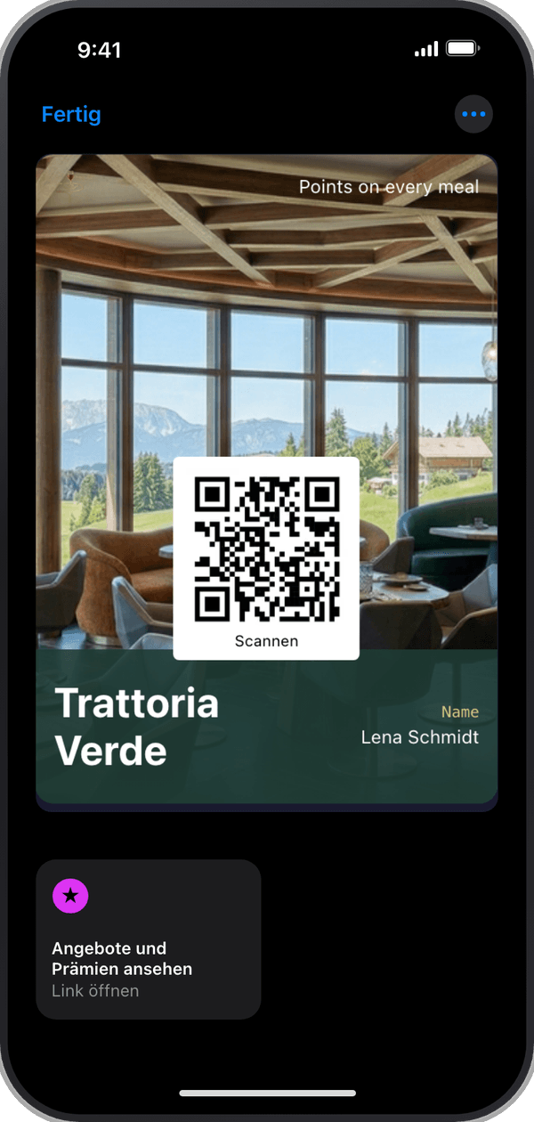 Die Punktekarte der Trattoria Verde, geöffnet in Apple Wallet auf einem iPhone