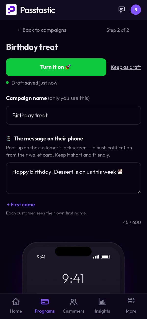 Trattoria Verde's birthday campaign: its name and the message guests get
