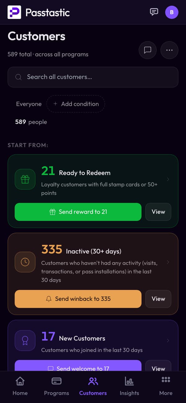 Trattoria Verde's Customers screen: every guest with their visits, points and last visit, and groups for who's ready for a reward or hasn't been back in 30 days