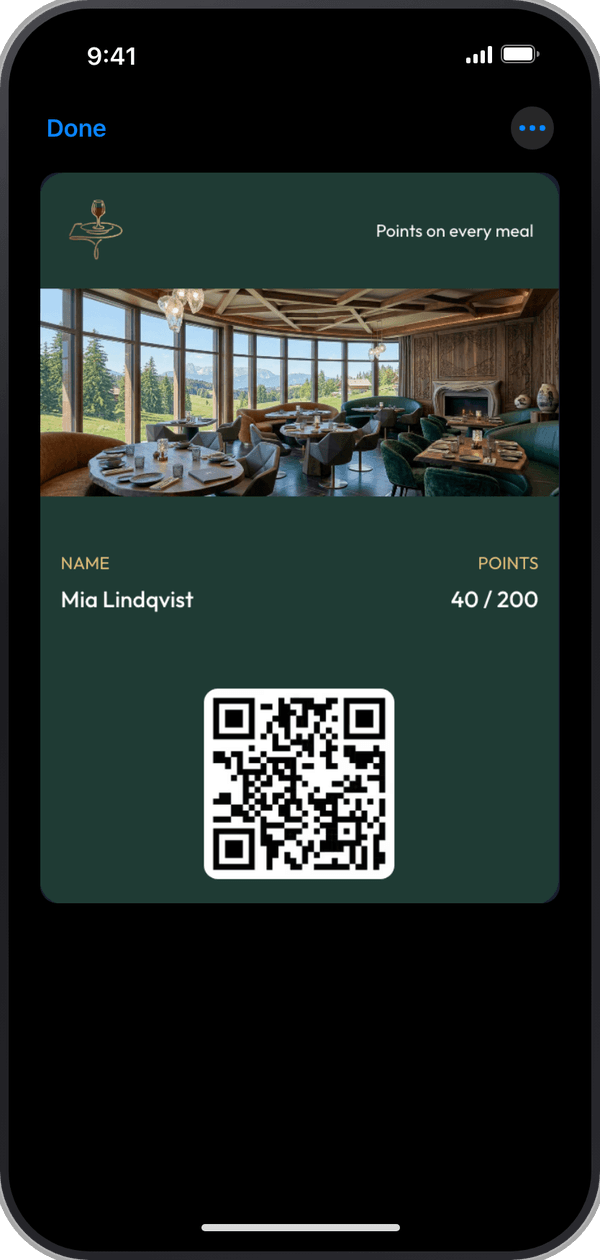 A guest's Trattoria Verde points card, open in Apple Wallet on an iPhone