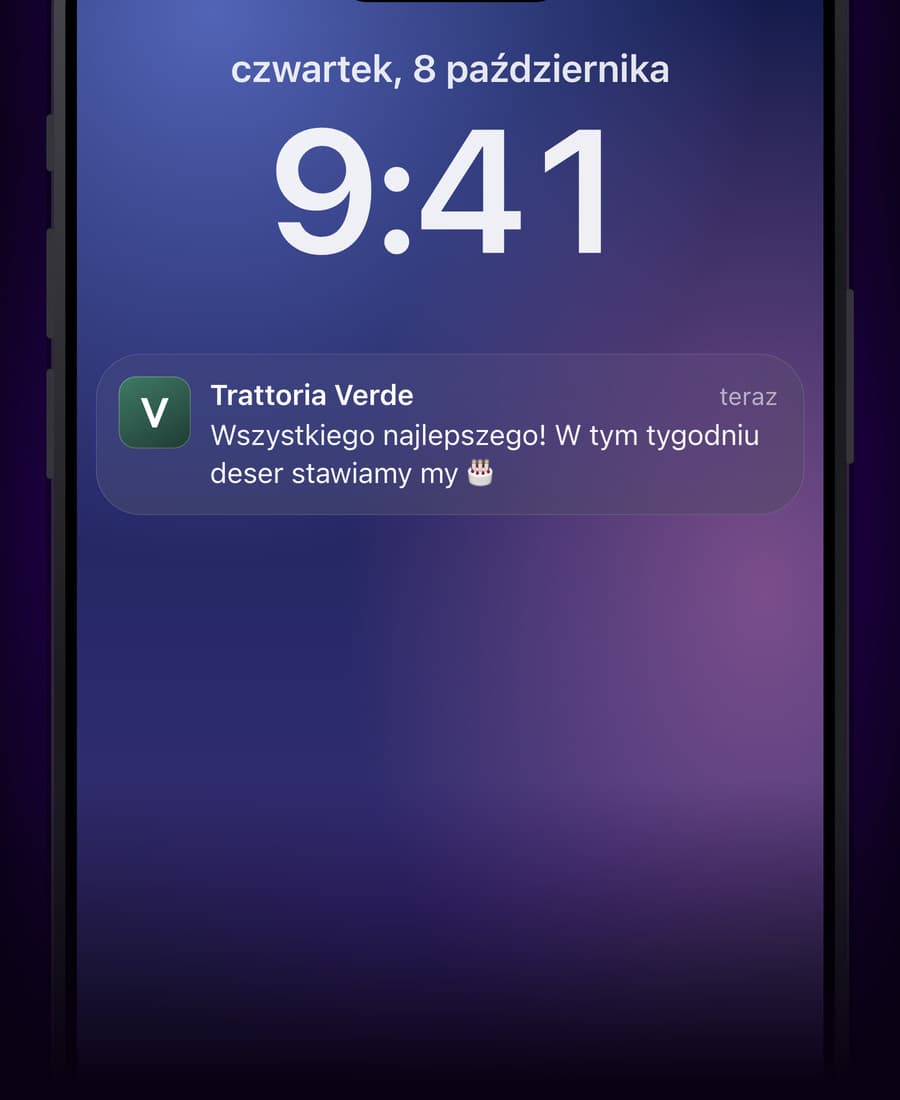 Urodzinowa wiadomość od restauracji Trattoria Verde na ekranie blokady iPhone’a
