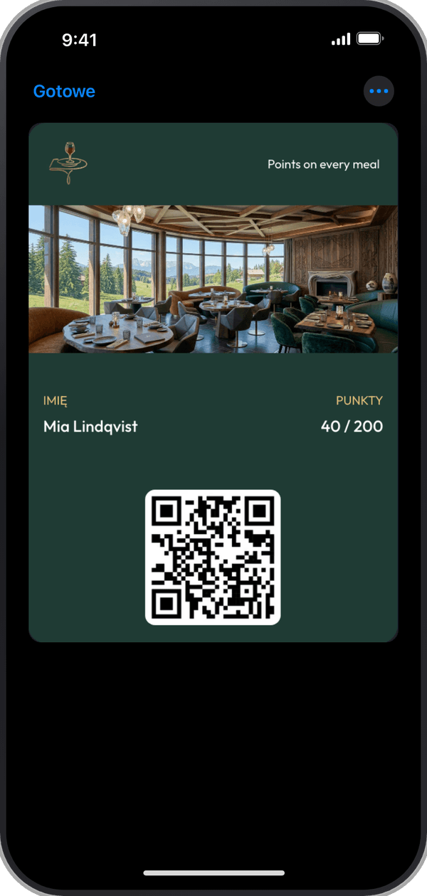 Karta punktowa restauracji Trattoria Verde otwarta w Apple Wallet na iPhonie