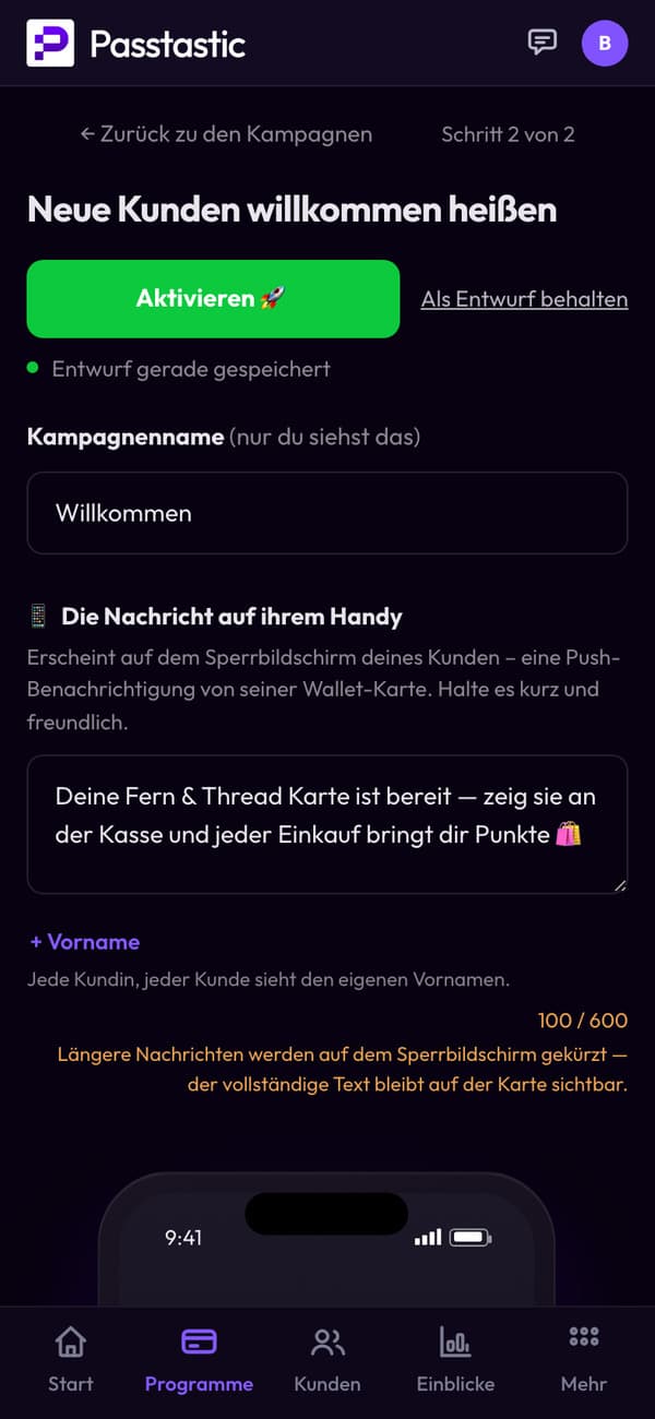 Die Willkommenskampagne von Fern & Thread: Name und Nachricht, die neue Kundinnen und Kunden bekommen