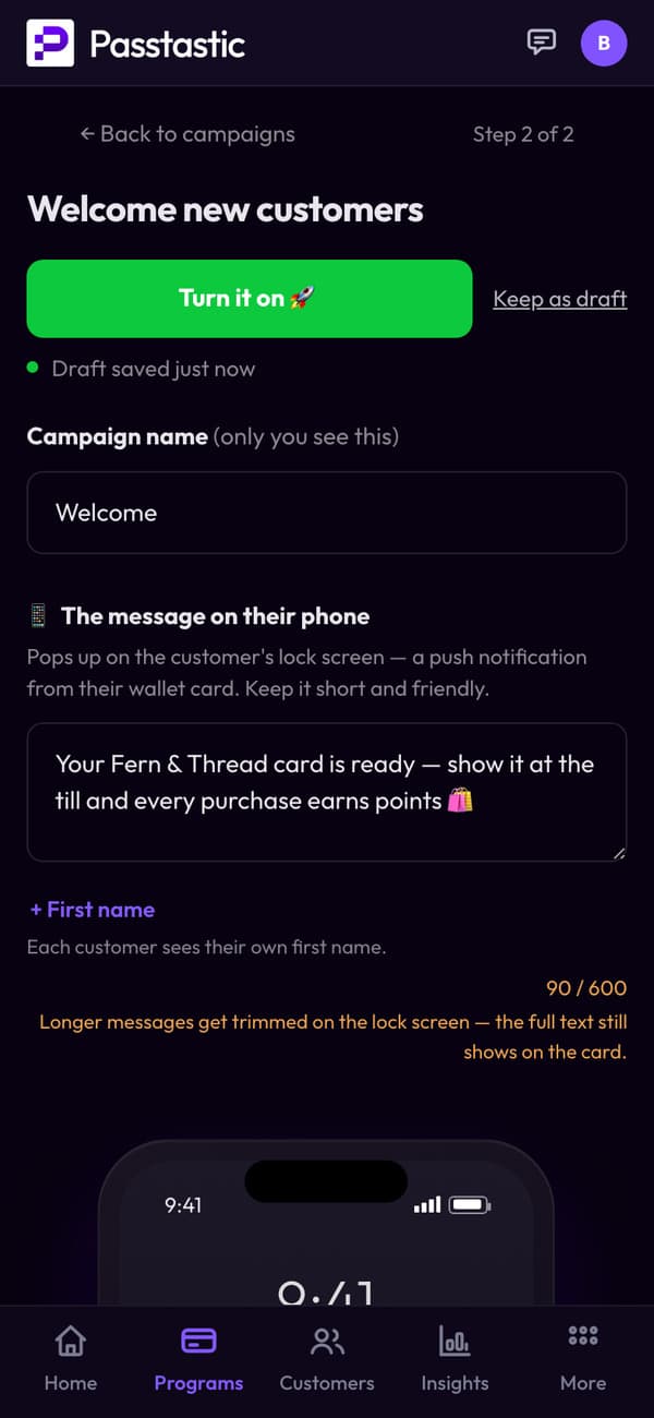 Fern & Thread's welcome campaign: its name and the message new customers get